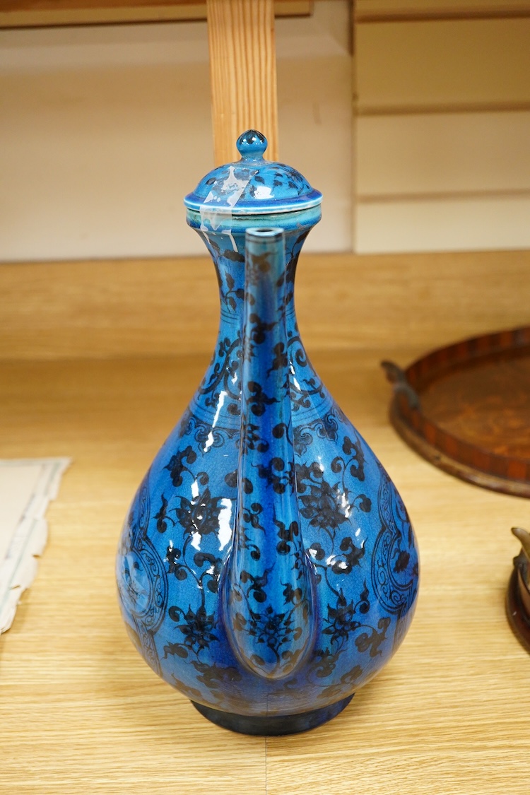 A Chinese blue glazed ewer and cover, 37cm high